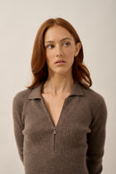 Polo Col Zippé Manches Longues - Kristjan - Taupe Chiné