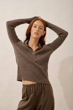 Long-Sleeved Zip-Neck Polo - Kristjan - Taupe Chiné
