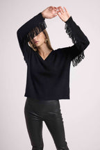 Julia V-Neck Jumper with Fringed Sleeves - Black - Women