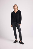 Pull Ample Col V Franges Julia - Noir - 100% Cachemire Oeko-Tex - Femme