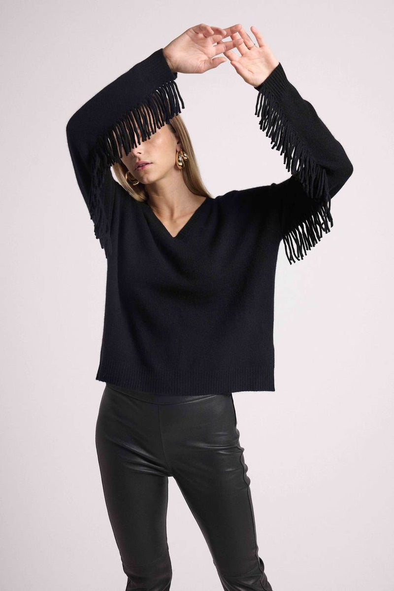 Julia Ample V-Neck Fringed Sweater - Black - 100% Oeko-Tex Cashmere - Woman