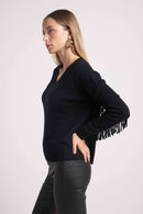 Julia Ample V-Neck Fringed Sweater - Black - 100% Oeko-Tex Cashmere - Woman