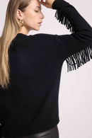 Julia Ample V-Neck Fringed Sweater - Black - 100% Oeko-Tex Cashmere - Woman