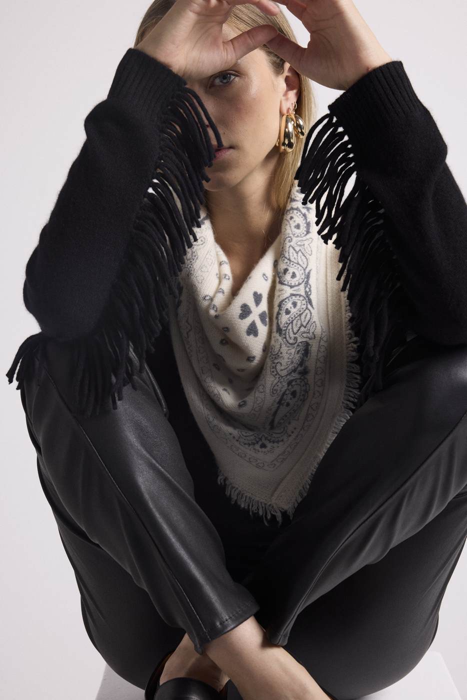 Julia V-Neck Jumper with Fringed Sleeves - Black - Women