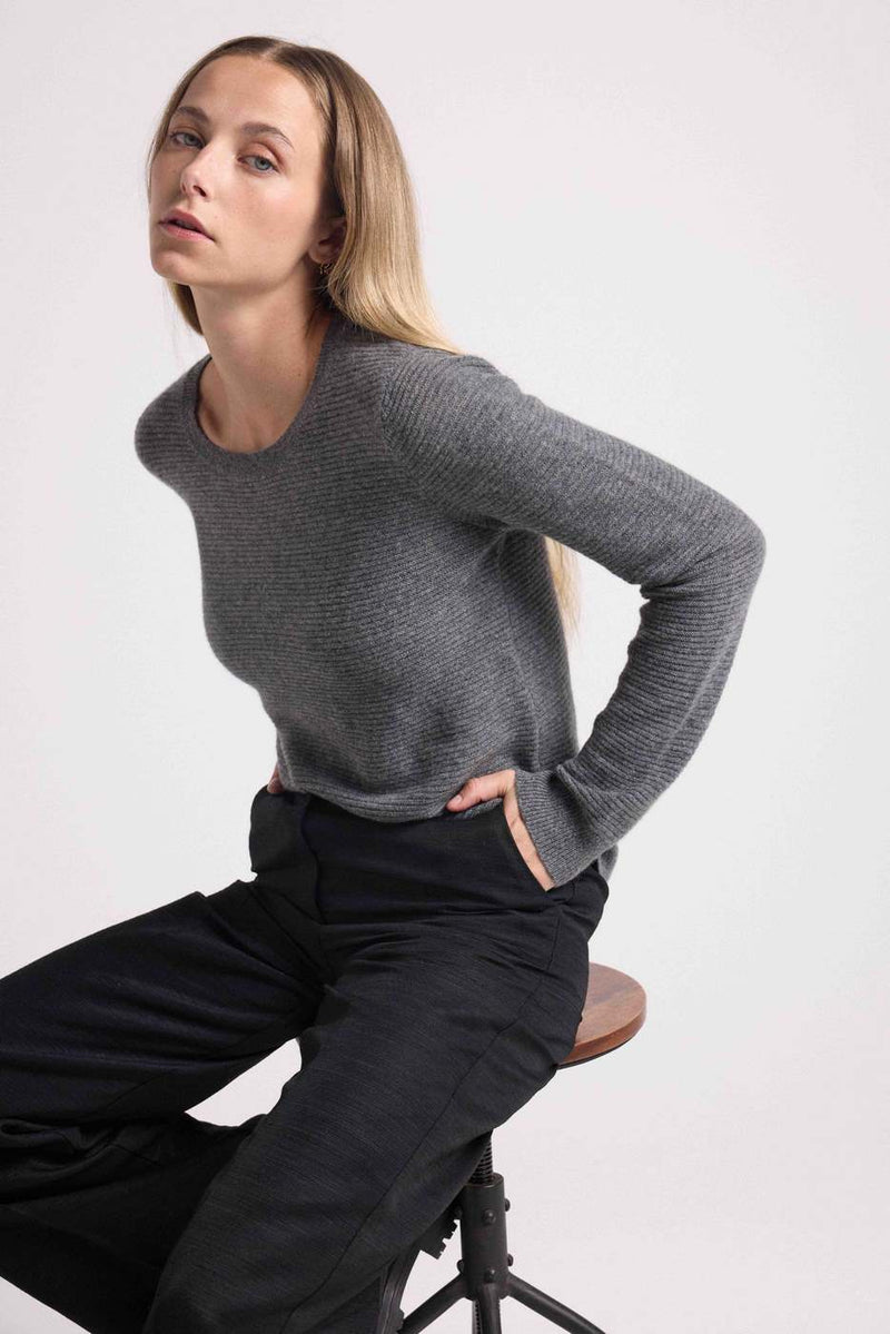 Juliette Flat Knit Round Neck Sweater - Grey - 100% Cashmere Oeko-Tex - Woman