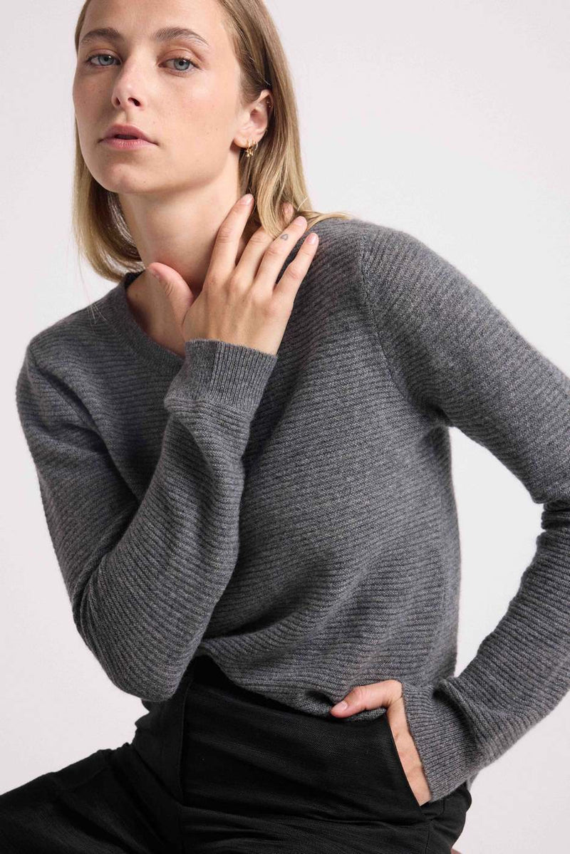 Juliette Flat Knit Round Neck Sweater - Grey - 100% Cashmere Oeko-Tex - Woman