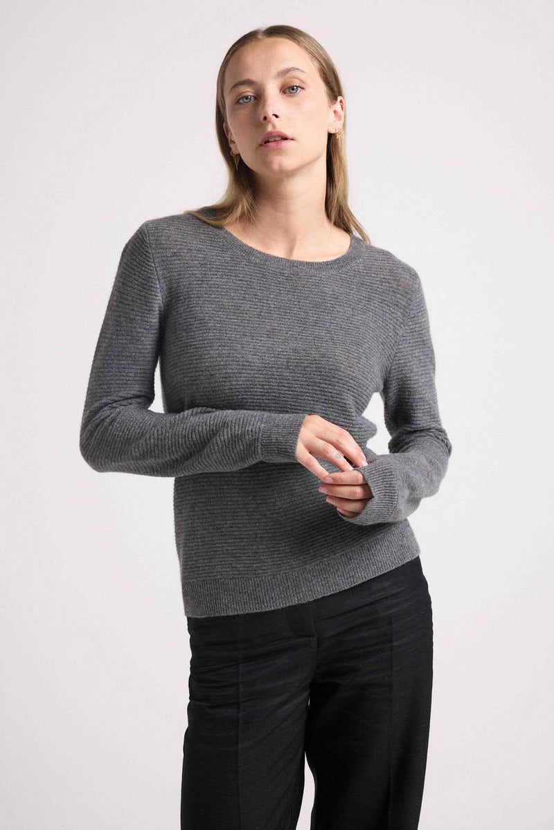 Juliette Flat Knit Round Neck Sweater - Grey - 100% Cashmere Oeko-Tex - Woman