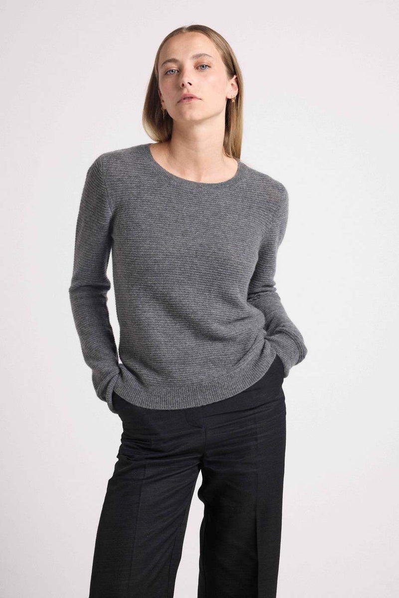 Juliette Flat Knit Crew Neck Sweater - Gris - Cachemira 100% Oeko-Tex - Mujer