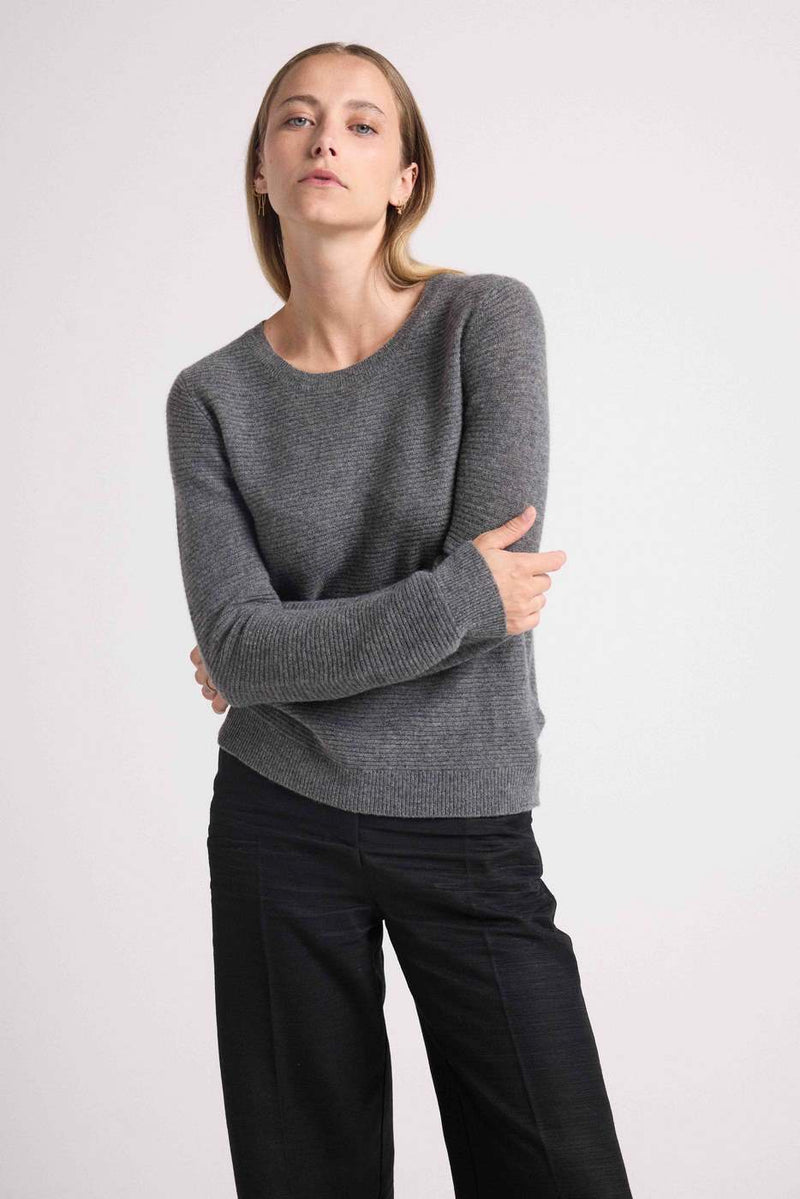 Juliette Flat Knit Round Neck Sweater - Grey - 100% Cashmere Oeko-Tex - Woman