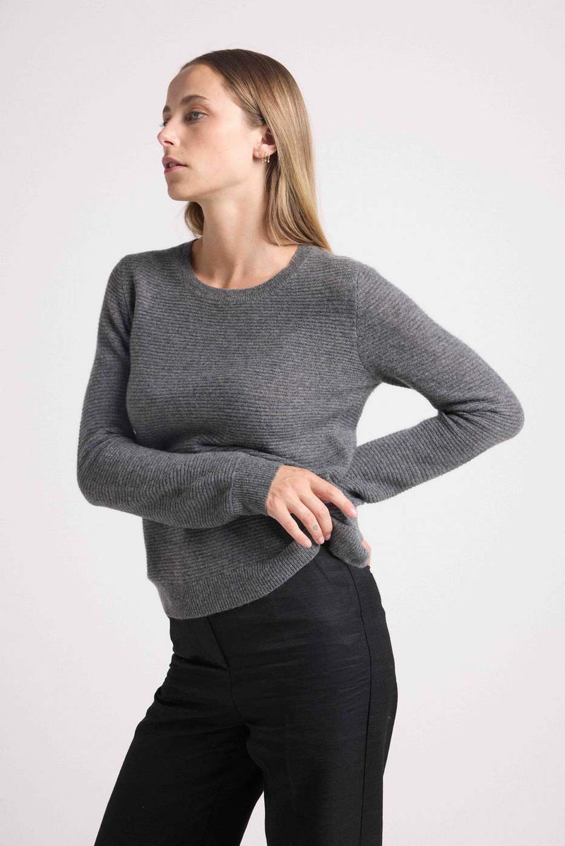 Juliette Flat Knit Crew Neck Sweater - Gris - Cachemira 100% Oeko-Tex - Mujer