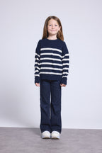 June Crew Neck Striped Jumper - Navy Blue White - Kids