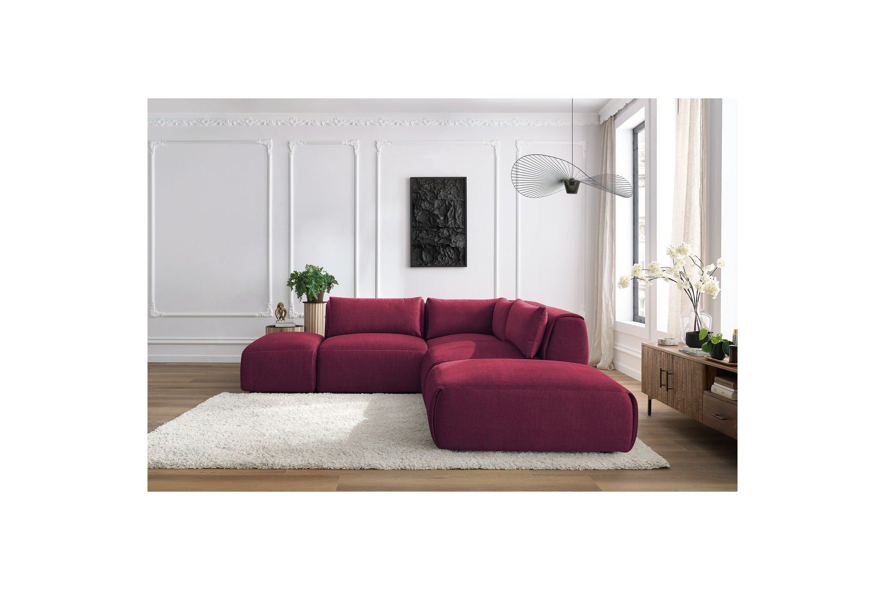 Jeanne - Canapé D'Angle Fixe Modulable - Tissu Velours Avec 2 Chauffeuses, 1 Angle Et 2 Poufs