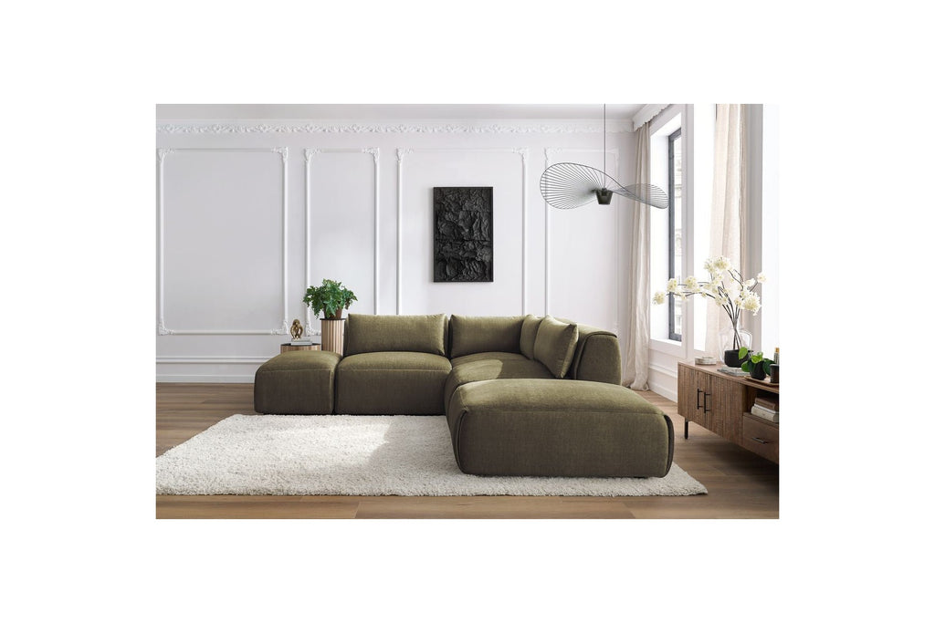 Jeanne - Canapé D'Angle Fixe Modulable - Tissu Velours Avec 2 Chauffeuses, 1 Angle Et 2 Poufs