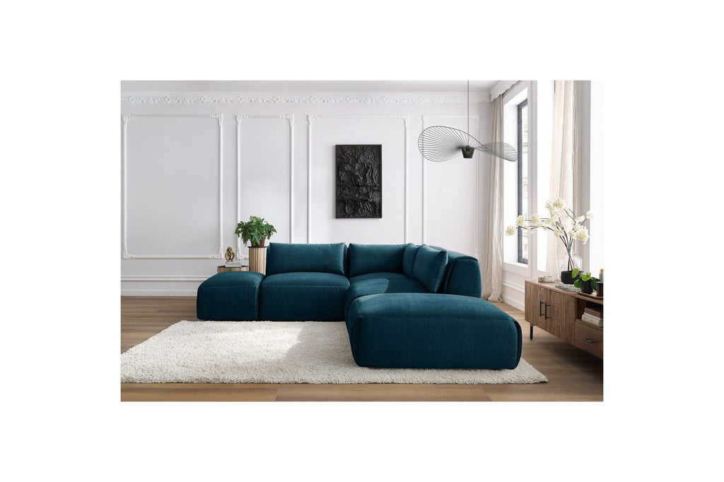 Jeanne - Canapé D'Angle Fixe Modulable - Tissu Velours Avec 2 Chauffeuses, 1 Angle Et 2 Poufs