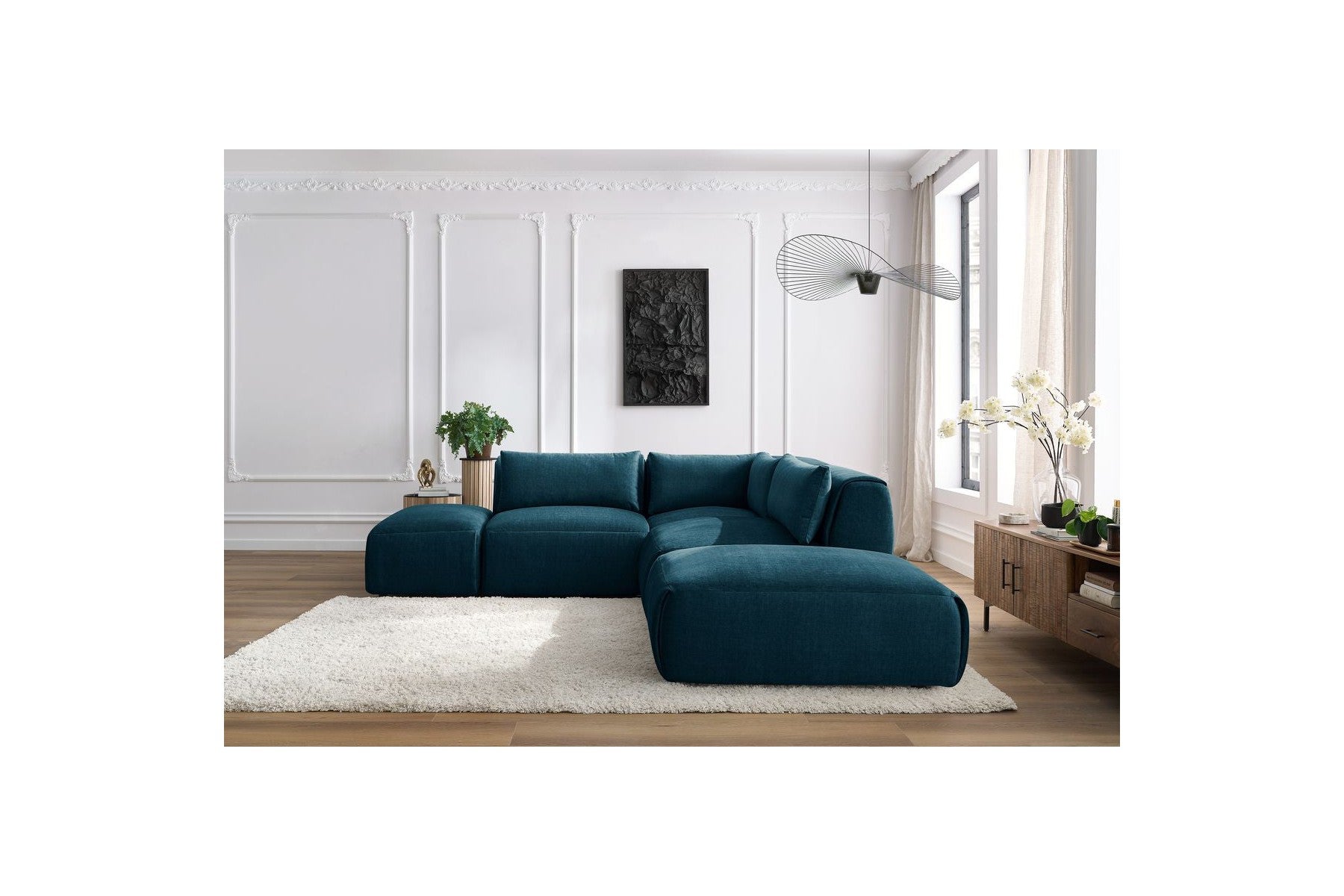 Jeanne - Canapé D'Angle Fixe Modulable - Tissu Velours Avec 2 Chauffeuses, 1 Angle Et 2 Poufs