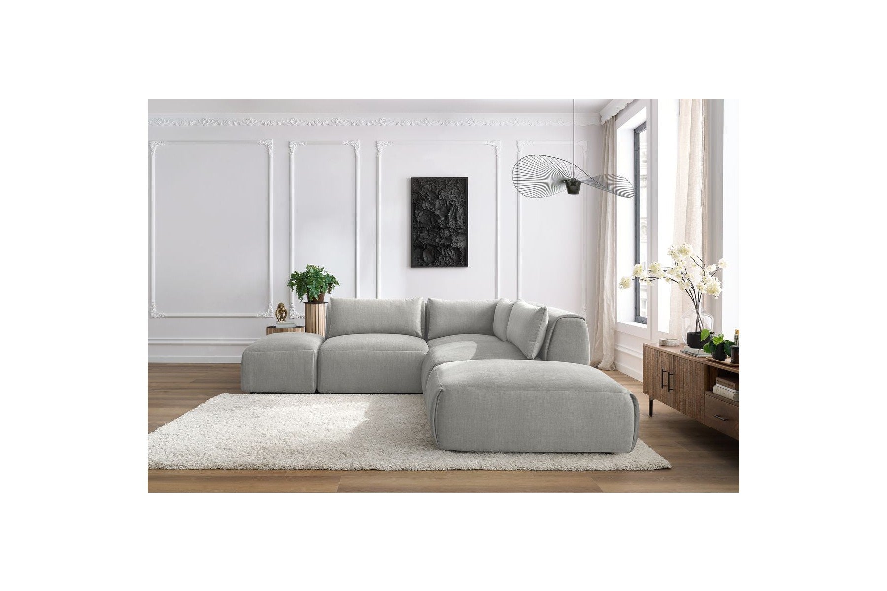 Jeanne - Canapé D'Angle Fixe Modulable - Tissu Velours Avec 2 Chauffeuses, 1 Angle Et 2 Poufs