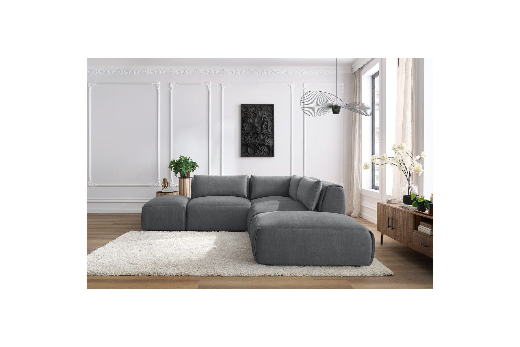 Jeanne - Canapé D'Angle Fixe Modulable - Tissu Velours Avec 2 Chauffeuses, 1 Angle Et 2 Poufs