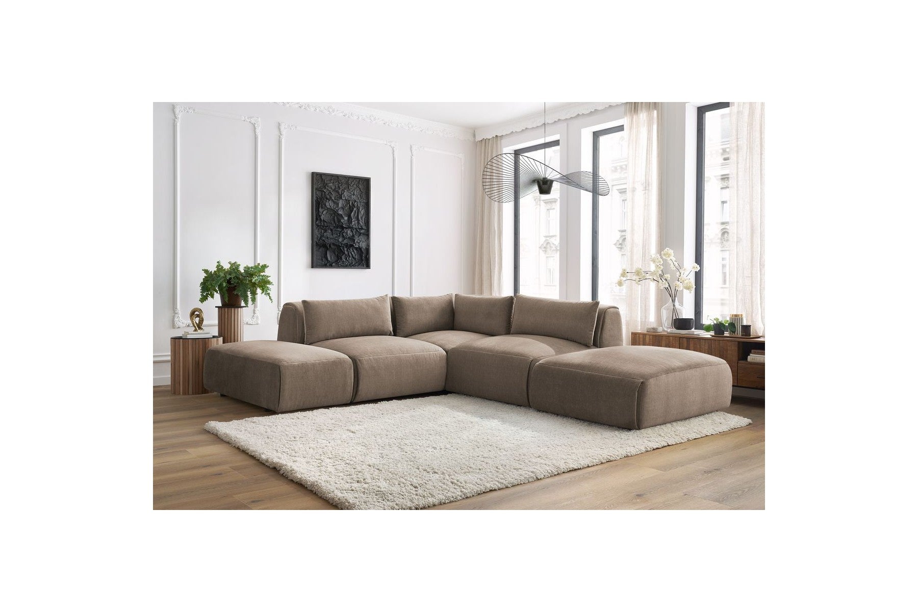 Jeanne - Canapé D'Angle Fixe Modulable - Tissu Velours Avec 2 Chauffeuses, 1 Angle Et 2 Poufs