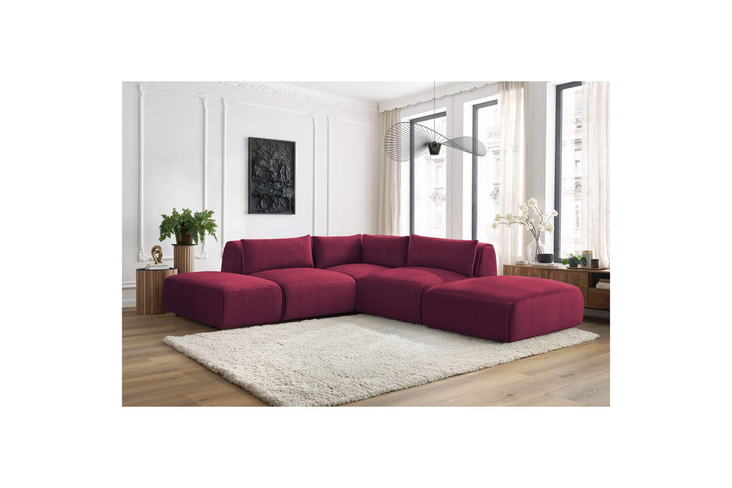 Jeanne - Canapé D'Angle Fixe Modulable - Tissu Velours Avec 2 Chauffeuses, 1 Angle Et 2 Poufs