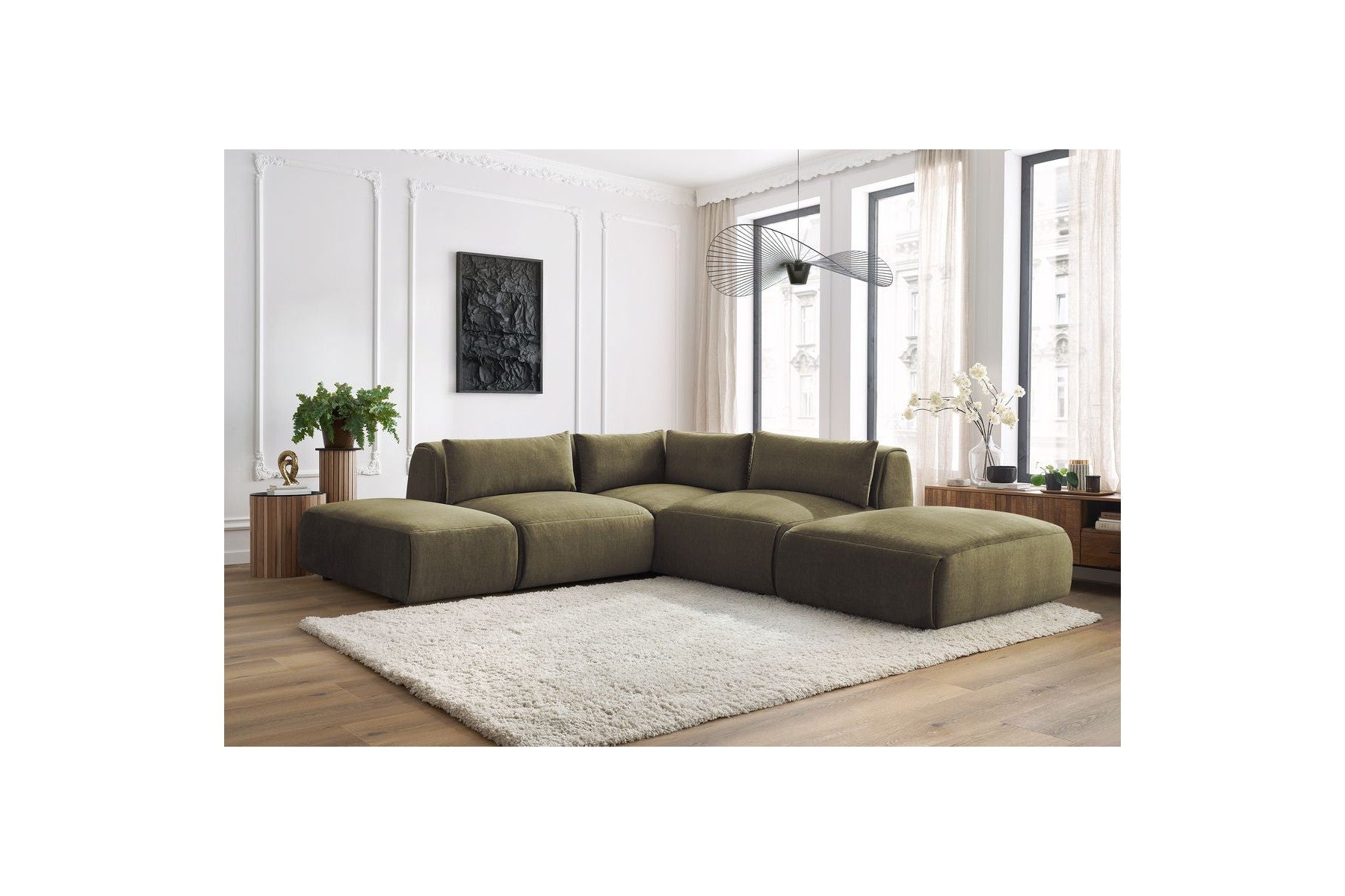 Jeanne - Canapé D'Angle Fixe Modulable - Tissu Velours Avec 2 Chauffeuses, 1 Angle Et 2 Poufs