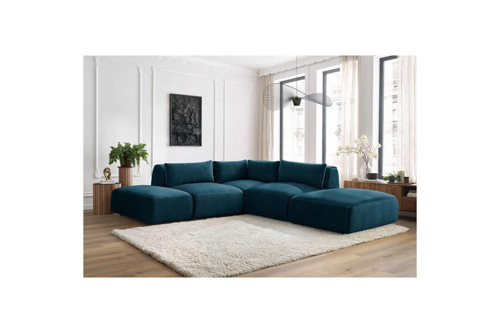 Jeanne - Canapé D'Angle Fixe Modulable - Tissu Velours Avec 2 Chauffeuses, 1 Angle Et 2 Poufs
