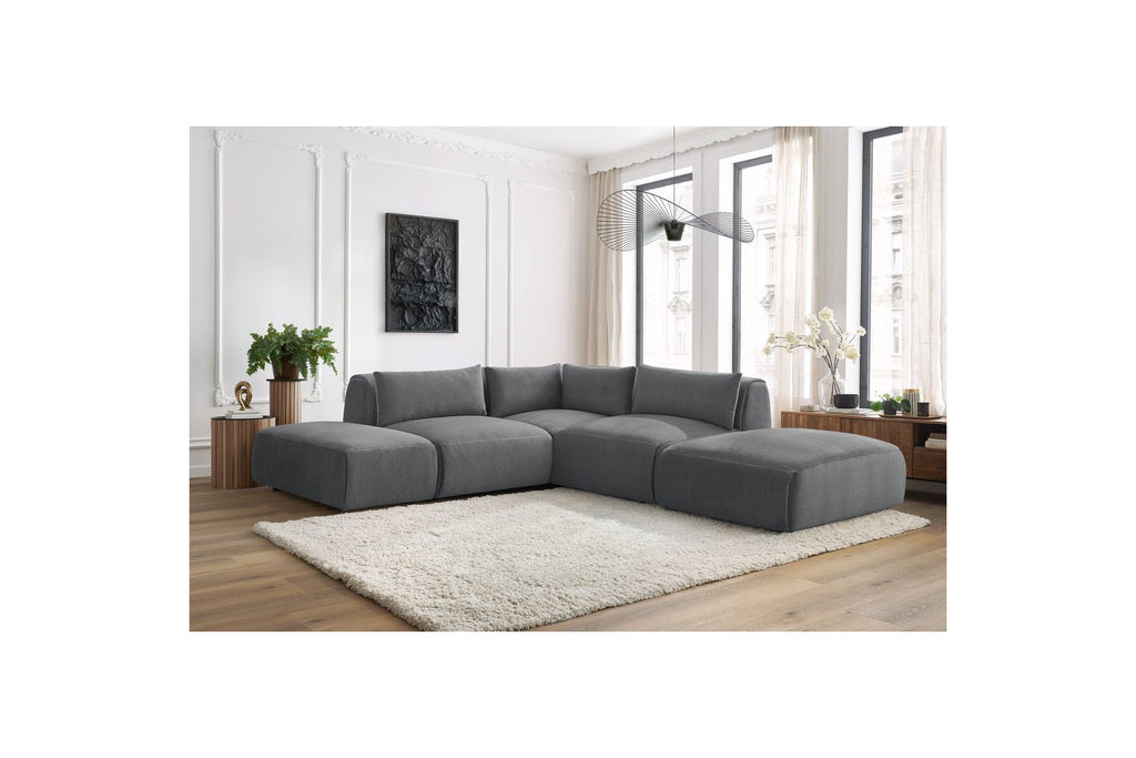Jeanne - Canapé D'Angle Fixe Modulable - Tissu Velours Avec 2 Chauffeuses, 1 Angle Et 2 Poufs
