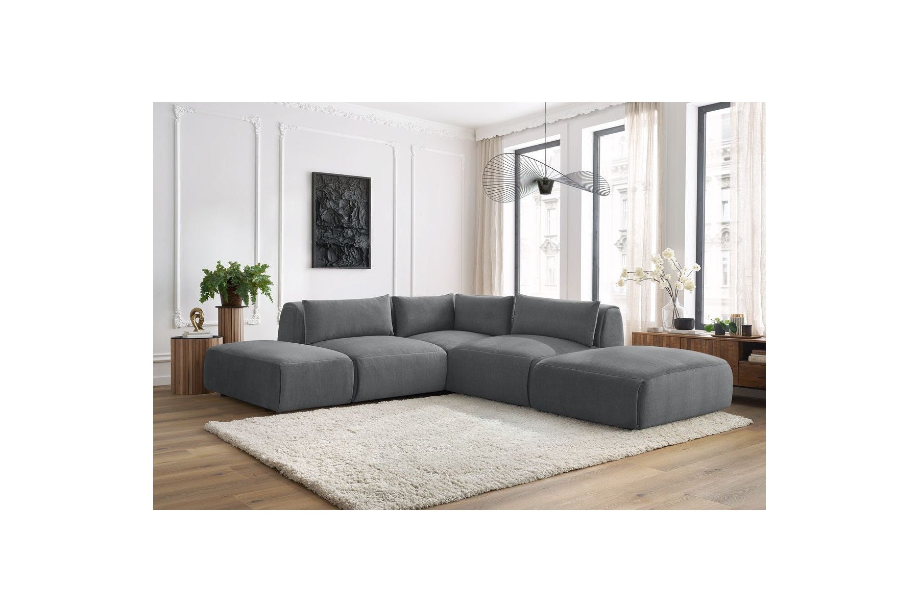 Jeanne - Canapé D'Angle Fixe Modulable - Tissu Velours Avec 2 Chauffeuses, 1 Angle Et 2 Poufs