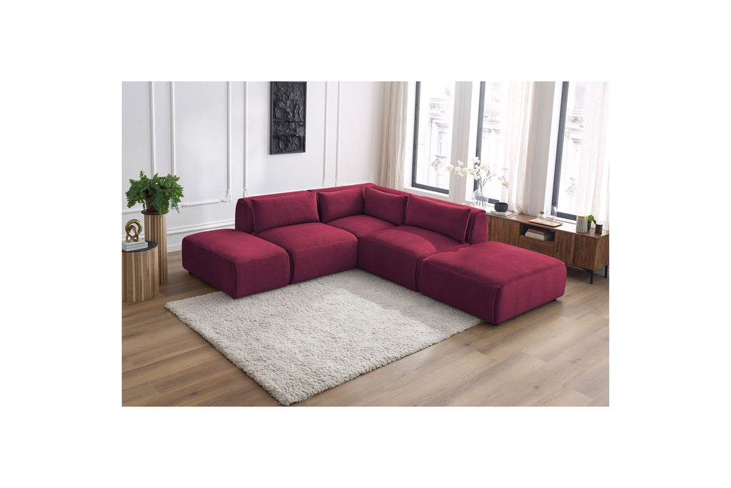 Jeanne - Canapé D'Angle Fixe Modulable - Tissu Velours Avec 2 Chauffeuses, 1 Angle Et 2 Poufs