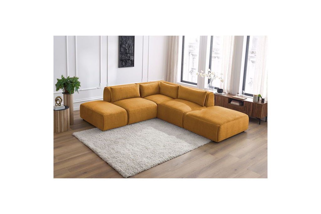 Jeanne - Canapé D'Angle Fixe Modulable - Tissu Velours Avec 2 Chauffeuses, 1 Angle Et 2 Poufs