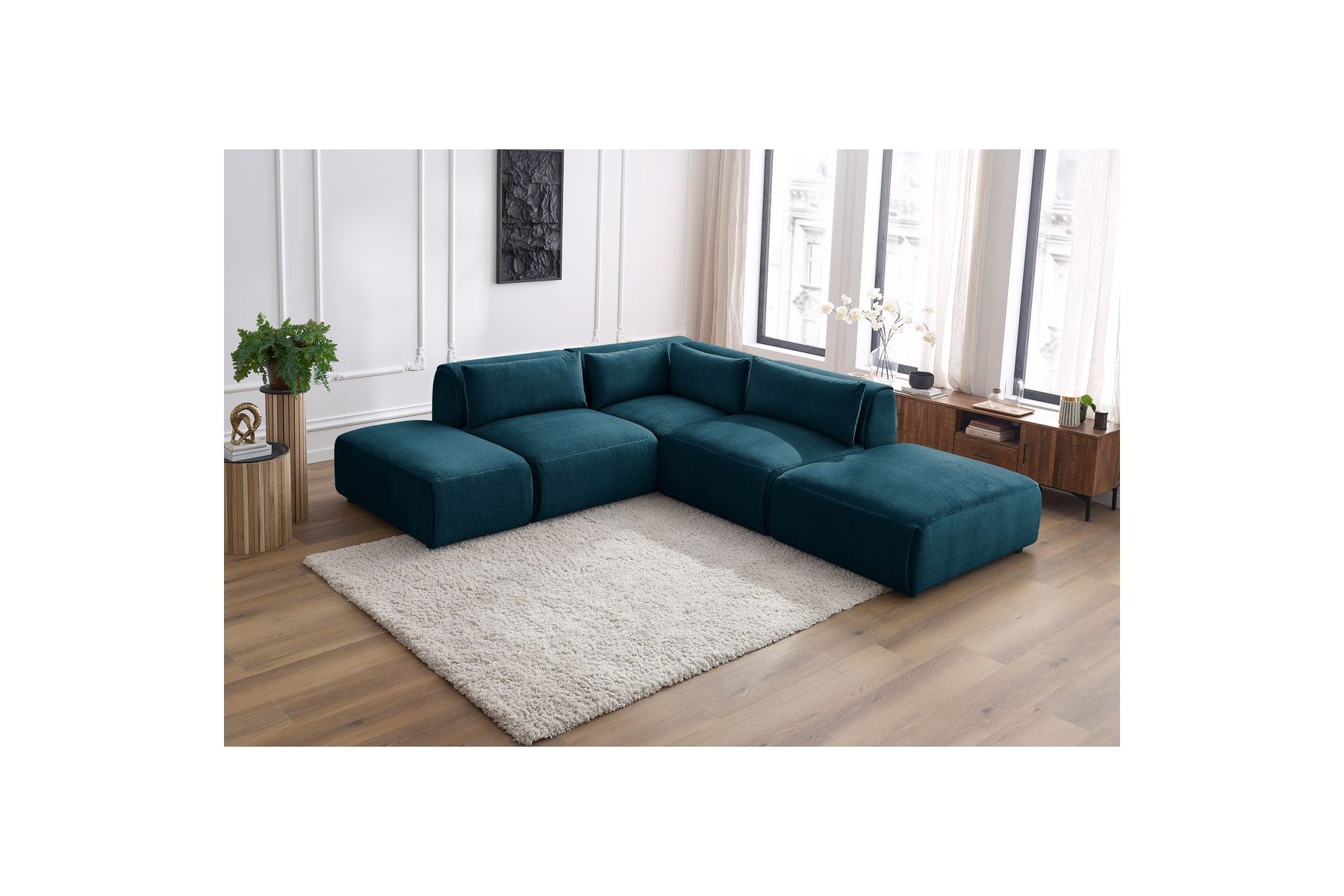 Jeanne - Canapé D'Angle Fixe Modulable - Tissu Velours Avec 2 Chauffeuses, 1 Angle Et 2 Poufs