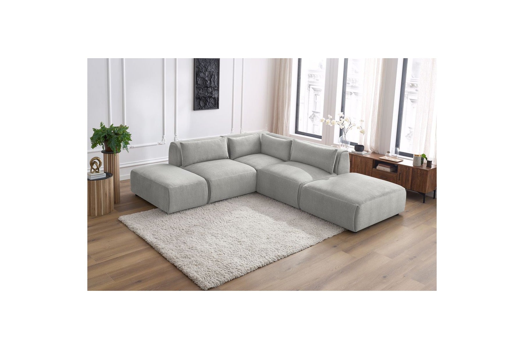Jeanne - Canapé D'Angle Fixe Modulable - Tissu Velours Avec 2 Chauffeuses, 1 Angle Et 2 Poufs