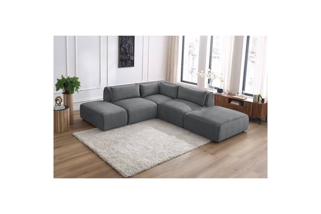 Jeanne - Canapé D'Angle Fixe Modulable - Tissu Velours Avec 2 Chauffeuses, 1 Angle Et 2 Poufs