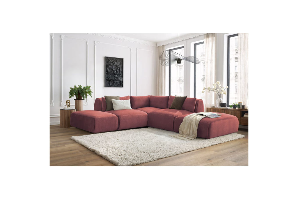 Jeanne - Canapé D'Angle Fixe Modulable - Tissu Velours Avec 2 Chauffeuses, 1 Angle Et 2 Poufs