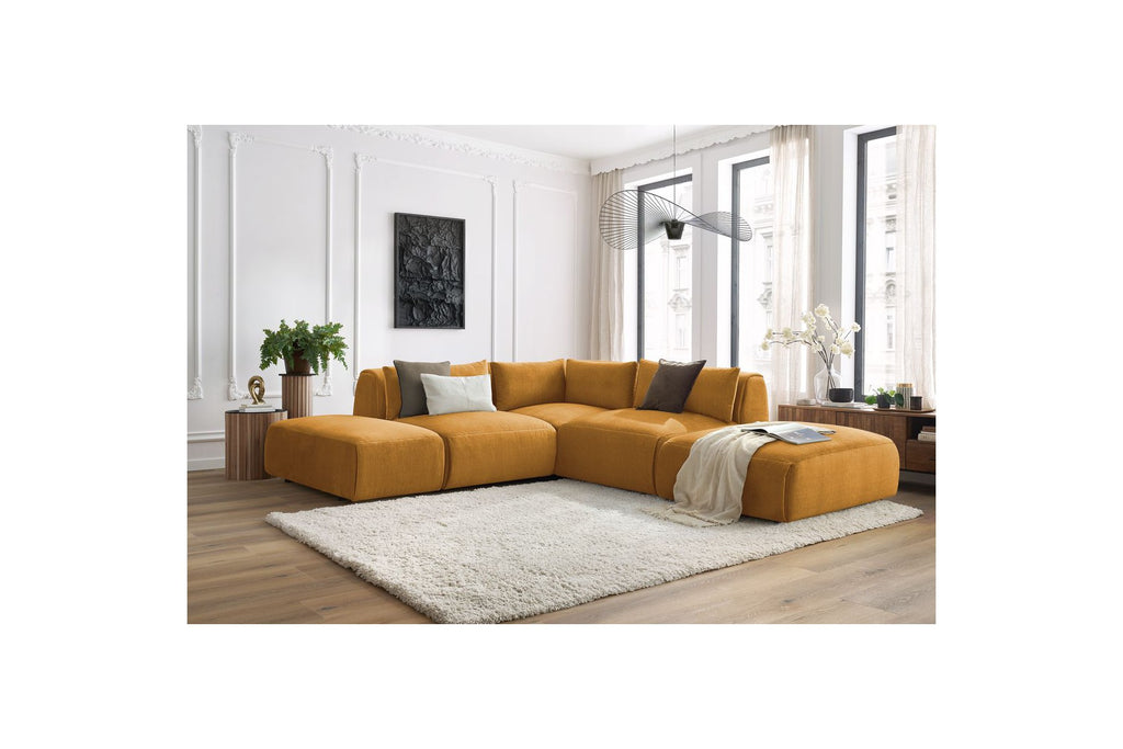 Jeanne - Canapé D'Angle Fixe Modulable - Tissu Velours Avec 2 Chauffeuses, 1 Angle Et 2 Poufs
