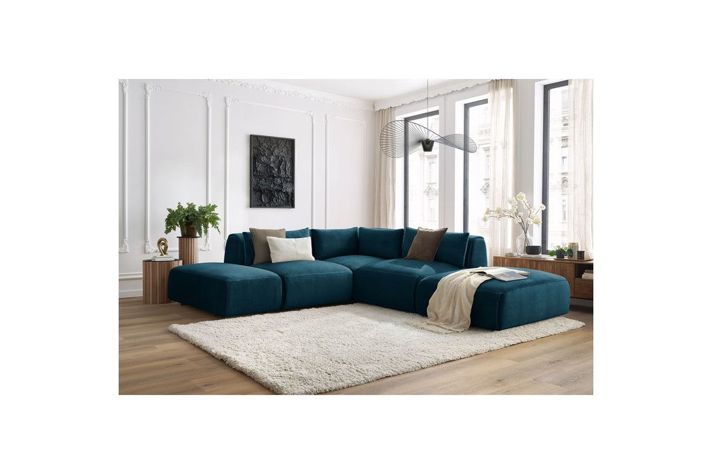 Jeanne - Canapé D'Angle Fixe Modulable - Tissu Velours Avec 2 Chauffeuses, 1 Angle Et 2 Poufs
