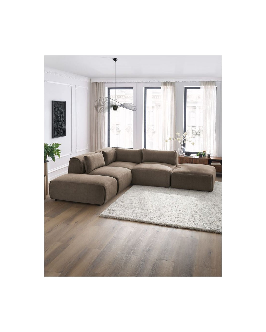 Jeanne - Canapé D'Angle Fixe Modulable - Tissu Velours Avec 2 Chauffeuses, 1 Angle Et 2 Poufs