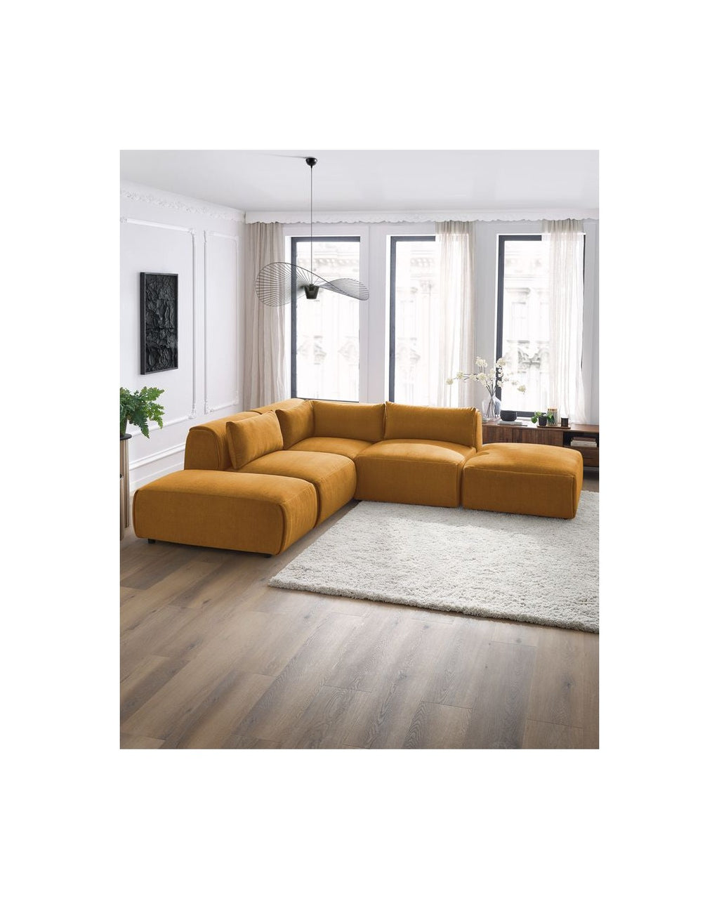 Jeanne - Canapé D'Angle Fixe Modulable - Tissu Velours Avec 2 Chauffeuses, 1 Angle Et 2 Poufs