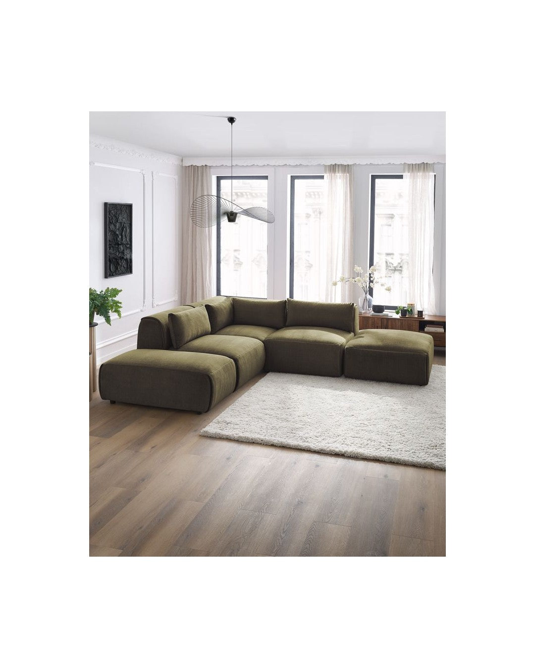 Jeanne - Canapé D'Angle Fixe Modulable - Tissu Velours Avec 2 Chauffeuses, 1 Angle Et 2 Poufs