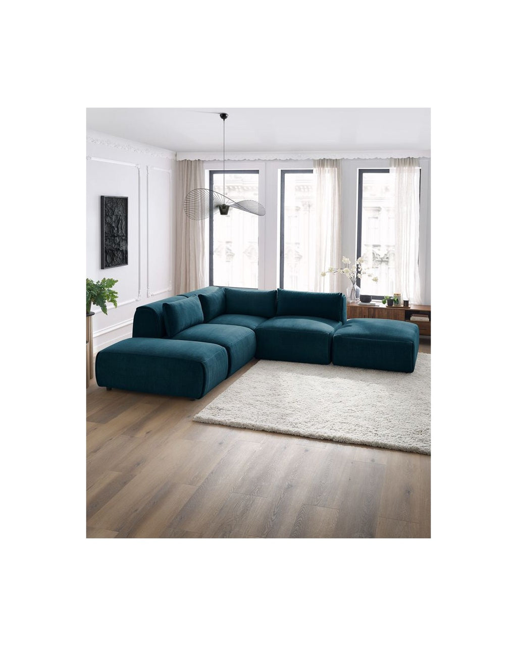Jeanne - Canapé D'Angle Fixe Modulable - Tissu Velours Avec 2 Chauffeuses, 1 Angle Et 2 Poufs
