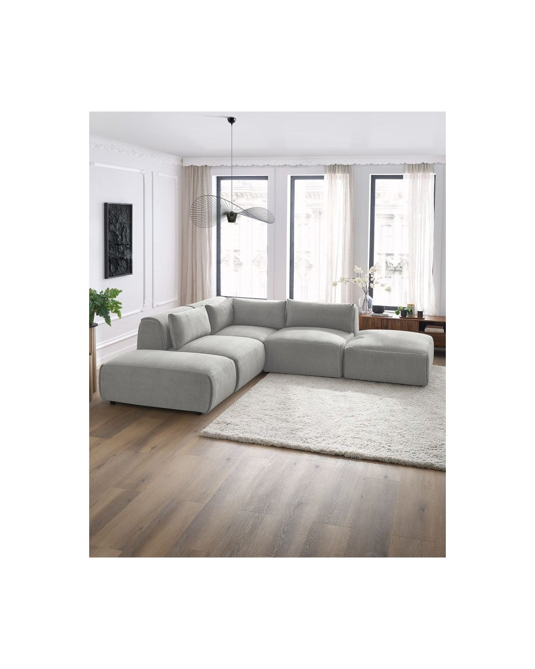 Jeanne - Canapé D'Angle Fixe Modulable - Tissu Velours Avec 2 Chauffeuses, 1 Angle Et 2 Poufs