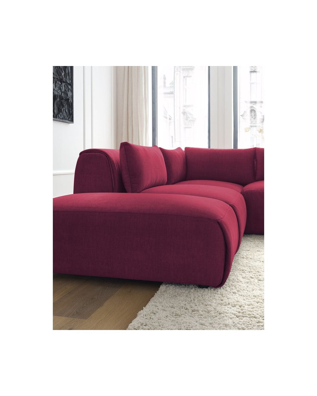 Jeanne - Canapé D'Angle Fixe Modulable - Tissu Velours Avec 2 Chauffeuses, 1 Angle Et 2 Poufs
