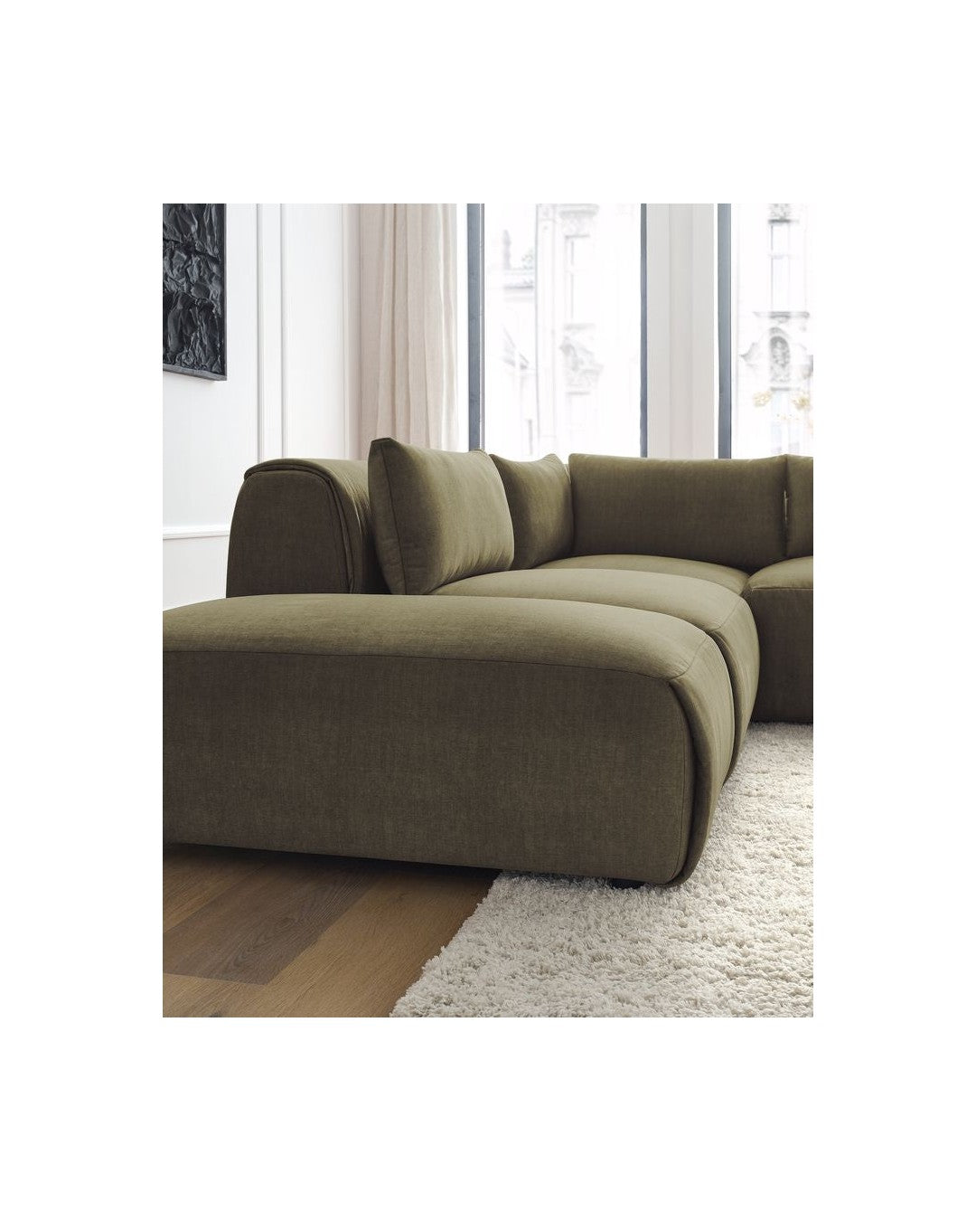 Jeanne - Canapé D'Angle Fixe Modulable - Tissu Velours Avec 2 Chauffeuses, 1 Angle Et 2 Poufs