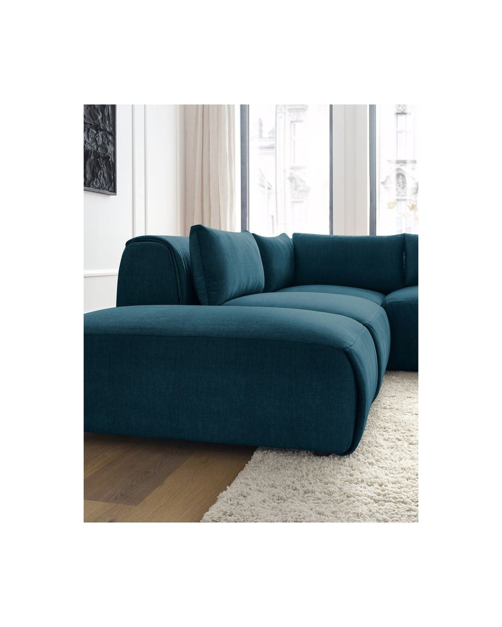 Jeanne - Canapé D'Angle Fixe Modulable - Tissu Velours Avec 2 Chauffeuses, 1 Angle Et 2 Poufs