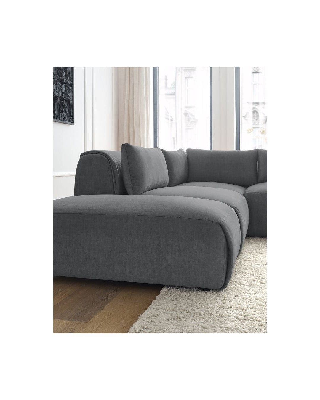 Jeanne - Canapé D'Angle Fixe Modulable - Tissu Velours Avec 2 Chauffeuses, 1 Angle Et 2 Poufs