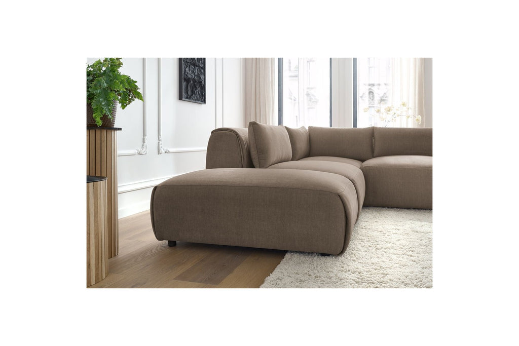 Jeanne - Canapé D'Angle Fixe Modulable - Tissu Velours Avec 2 Chauffeuses, 1 Angle Et 2 Poufs