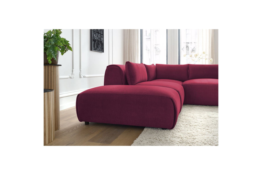 Jeanne - Canapé D'Angle Fixe Modulable - Tissu Velours Avec 2 Chauffeuses, 1 Angle Et 2 Poufs