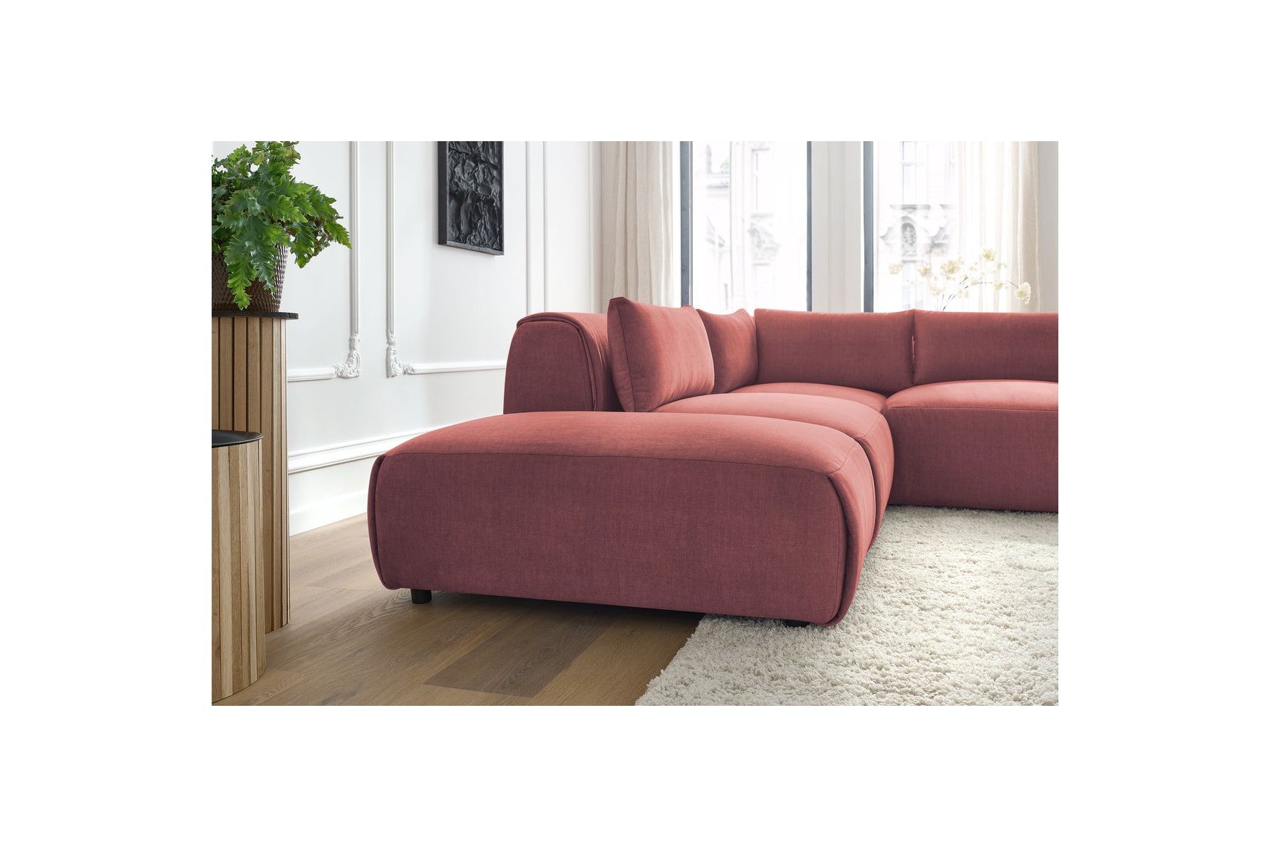 Jeanne - Canapé D'Angle Fixe Modulable - Tissu Velours Avec 2 Chauffeuses, 1 Angle Et 2 Poufs