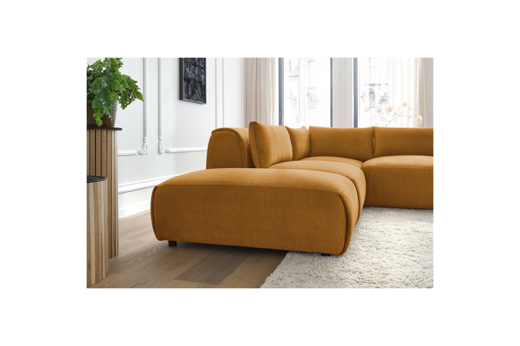 Jeanne - Canapé D'Angle Fixe Modulable - Tissu Velours Avec 2 Chauffeuses, 1 Angle Et 2 Poufs