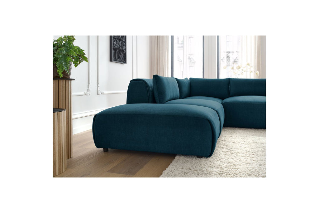 Jeanne - Canapé D'Angle Fixe Modulable - Tissu Velours Avec 2 Chauffeuses, 1 Angle Et 2 Poufs