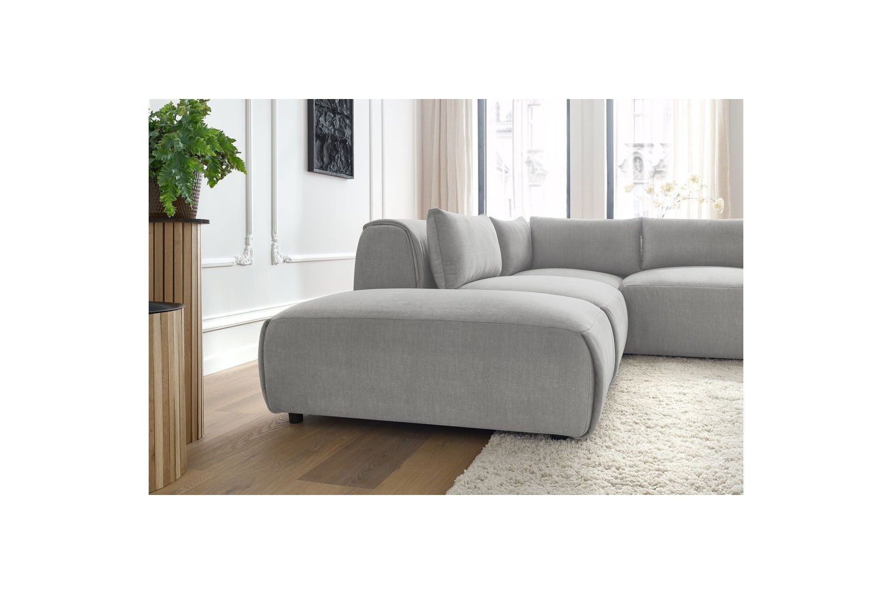 Jeanne - Canapé D'Angle Fixe Modulable - Tissu Velours Avec 2 Chauffeuses, 1 Angle Et 2 Poufs